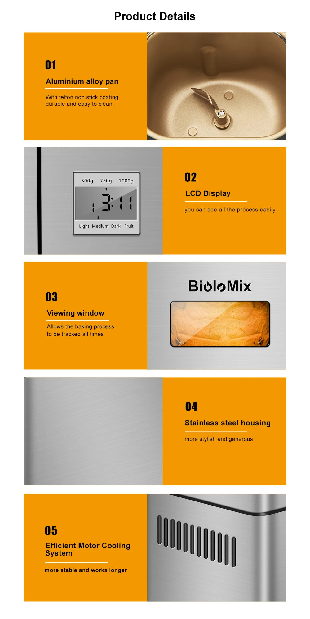 Biolomix 1KG 19-in-1 Stainless Steel Automatic Bread Maker 650W Programmable with Fruit Nut Dispenser Kitchen Appliance