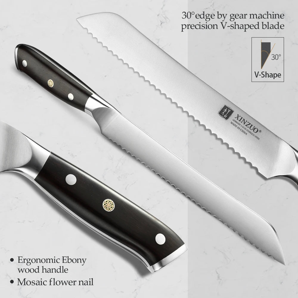 XINZUO German 1.4116 Stainless Steel  9'' Bread Knife 58HRC Serrated Design Cutter Tool For Cutting Bread Cheese Cake Gift Box