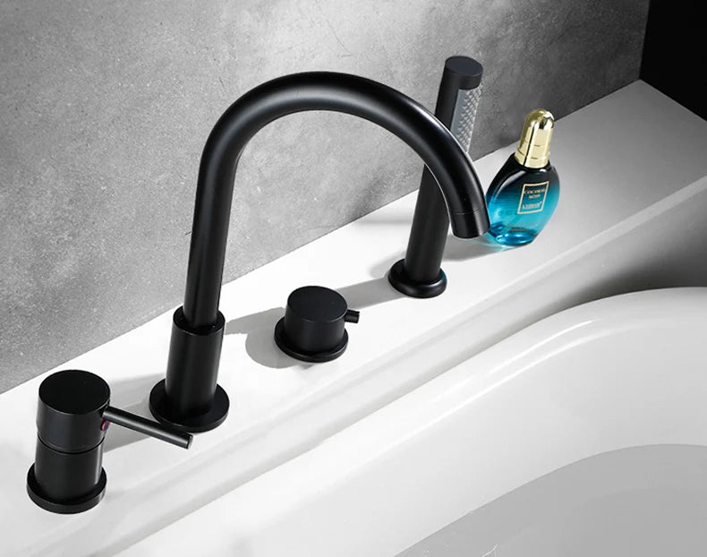 4-Piece Bathroom Faucet Set – Deck-Mounted Includes basin and bathtub mixer taps with handheld shower. Hot and cold water mixer for versatile bathroom use.