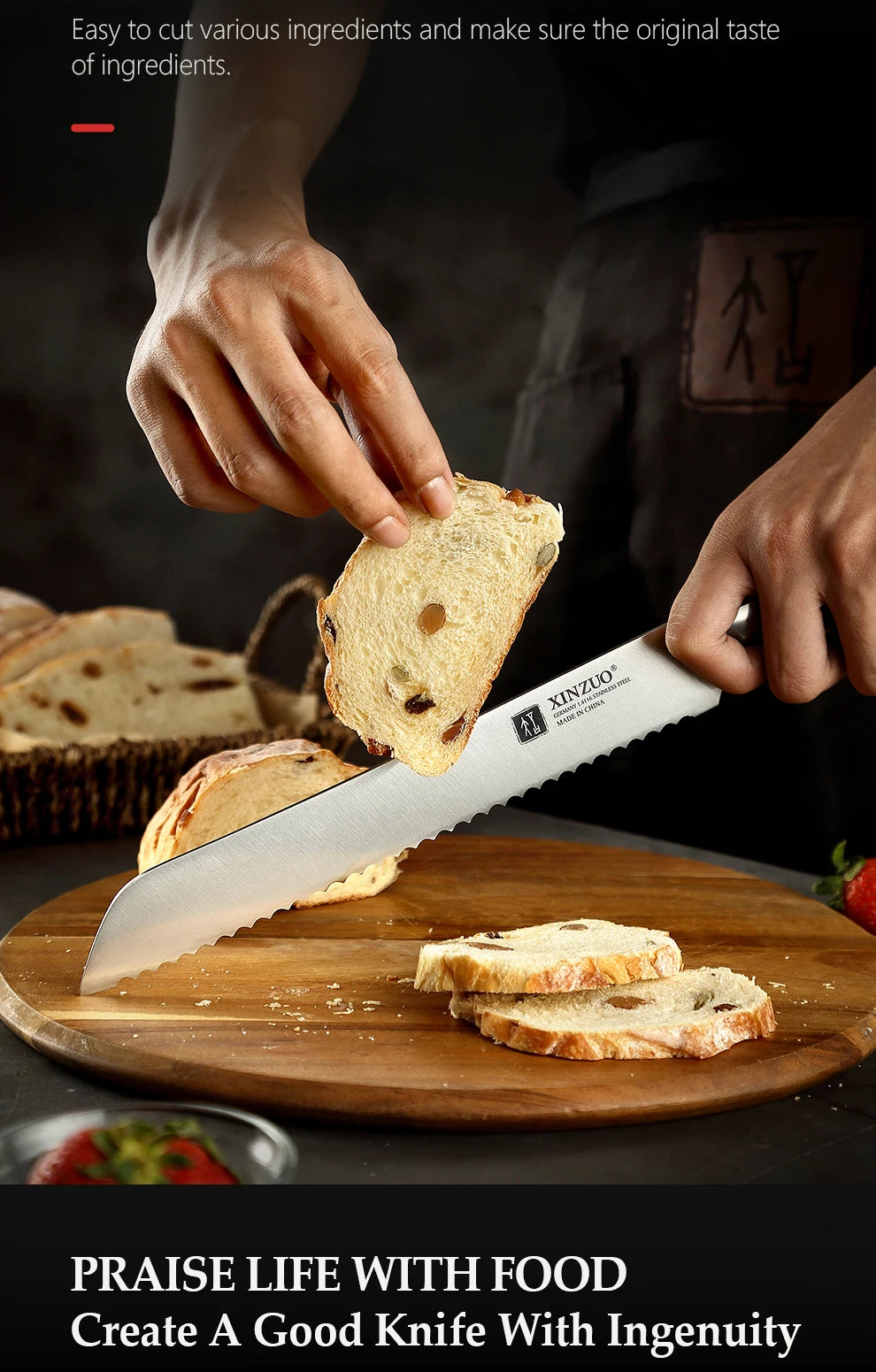 XINZUO German 1.4116 Stainless Steel  9'' Bread Knife 58HRC Serrated Design Cutter Tool For Cutting Bread Cheese Cake Gift Box