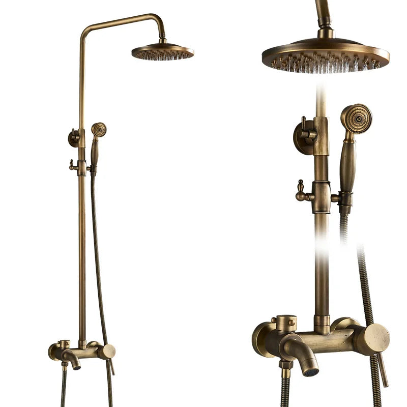 POIQIHY Antique Shower Set Wall Bathroom Bath Shower Faucet Rainfall Brass Swivel Spout Mixer Tap Sliding Bar Shower System