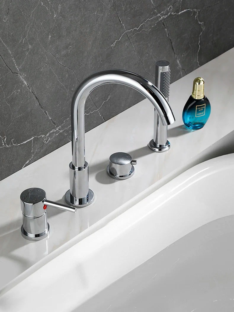 4-Piece Bathroom Faucet Set – Deck-Mounted Includes basin and bathtub mixer taps with handheld shower. Hot and cold water mixer for versatile bathroom use.