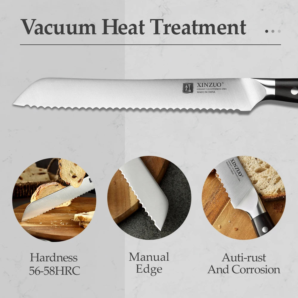 XINZUO German 1.4116 Stainless Steel  9'' Bread Knife 58HRC Serrated Design Cutter Tool For Cutting Bread Cheese Cake Gift Box
