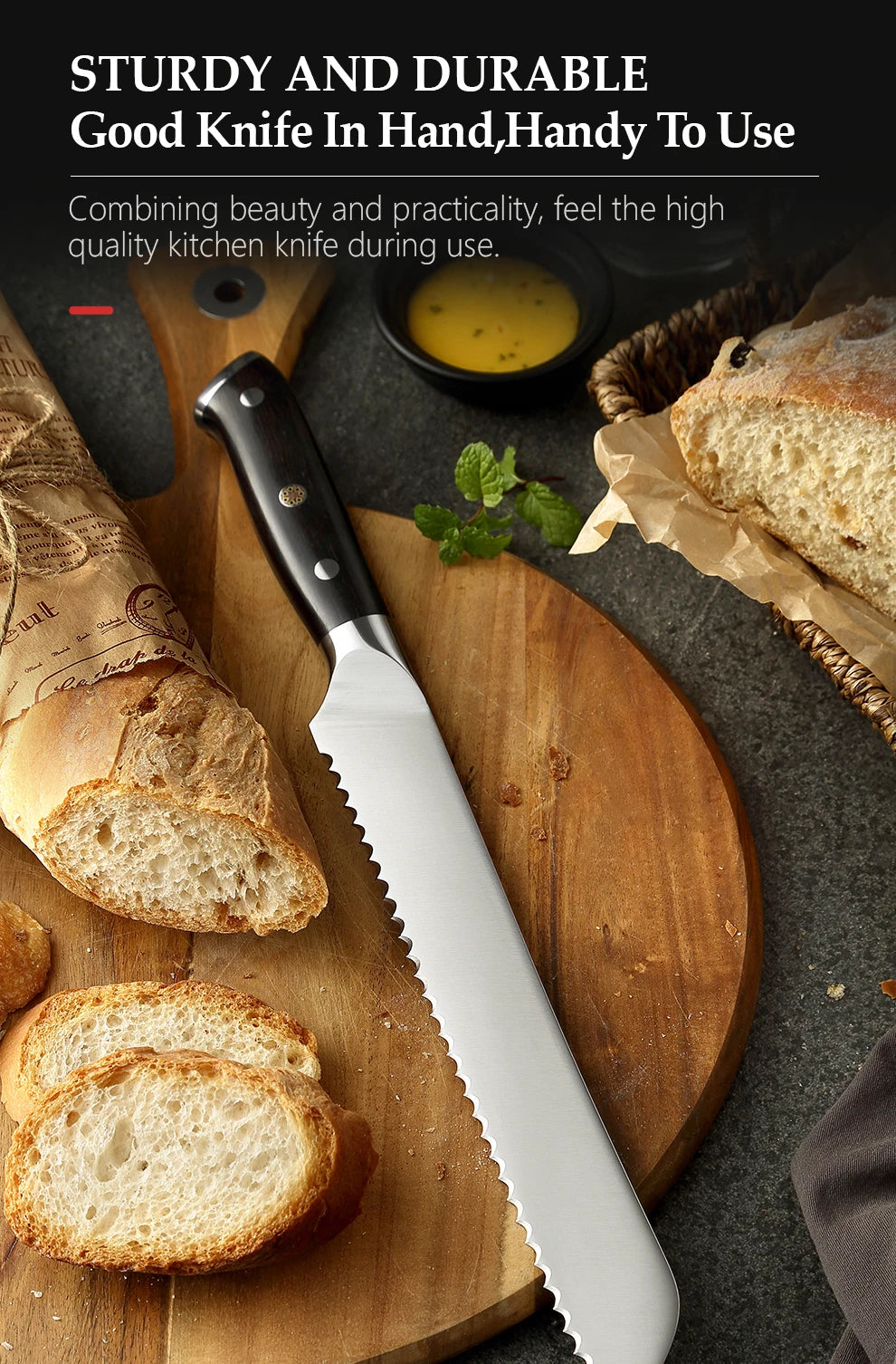XINZUO German 1.4116 Stainless Steel  9'' Bread Knife 58HRC Serrated Design Cutter Tool For Cutting Bread Cheese Cake Gift Box