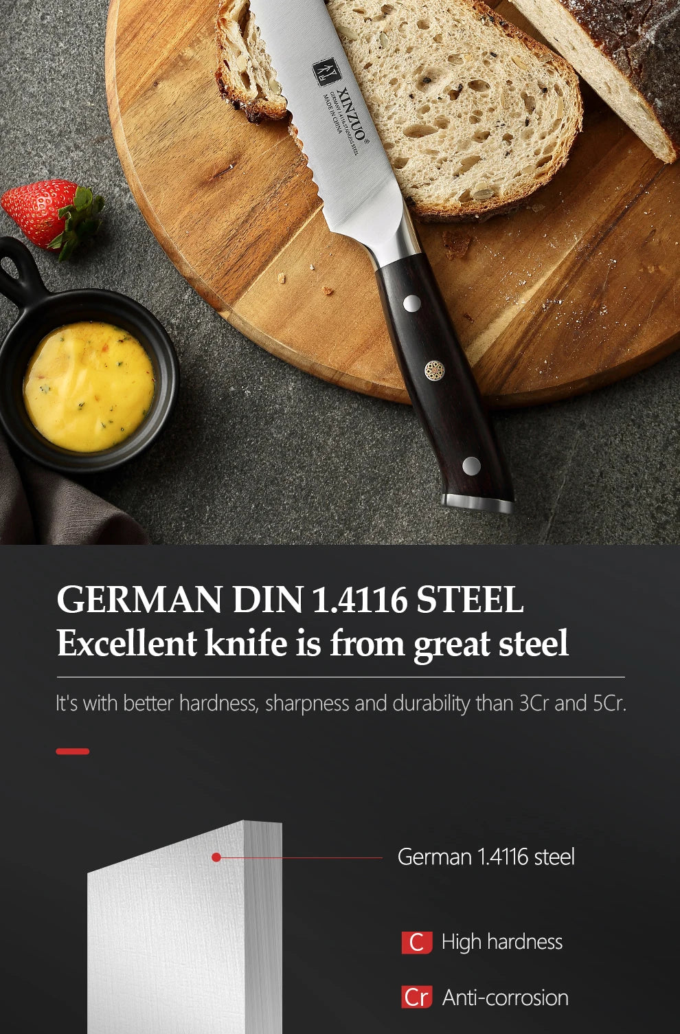 XINZUO German 1.4116 Stainless Steel  9'' Bread Knife 58HRC Serrated Design Cutter Tool For Cutting Bread Cheese Cake Gift Box