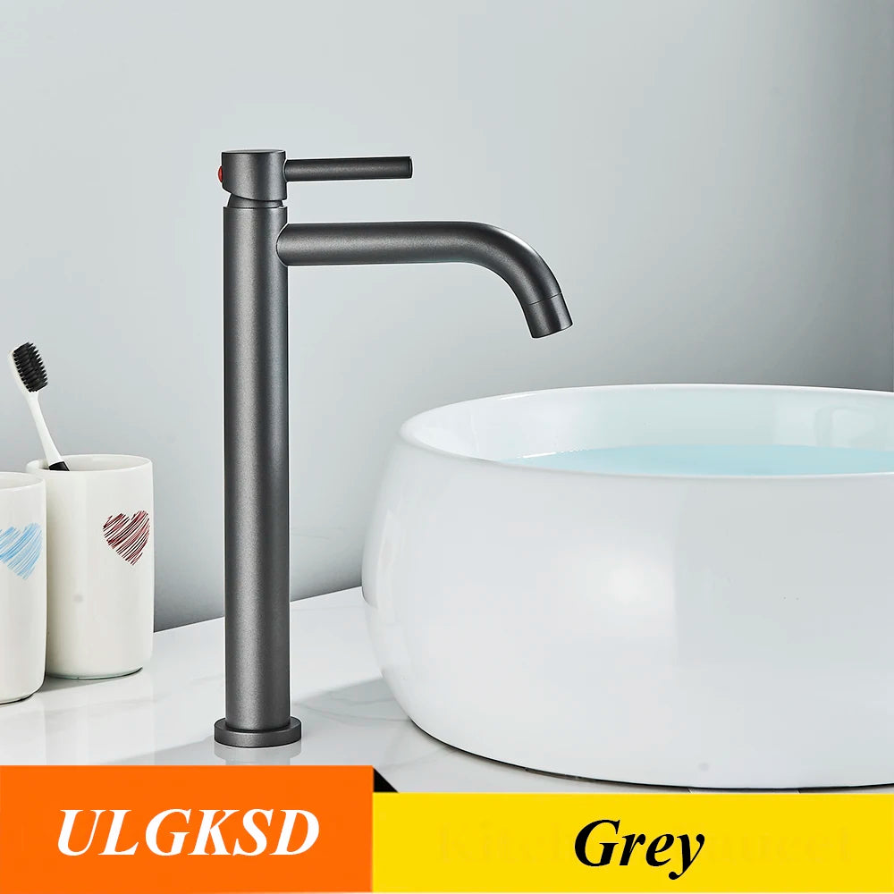 Brushed Golden Bathroom Basin Hot Cold Faucets Brass Deck Mounted Tall Style Long Mouthed Taps Vanity Sink Mixer Tap For Bathroo
