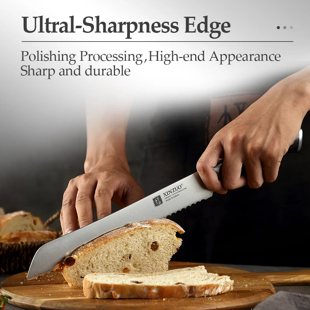 XINZUO German 1.4116 Stainless Steel  9'' Bread Knife 58HRC Serrated Design Cutter Tool For Cutting Bread Cheese Cake Gift Box
