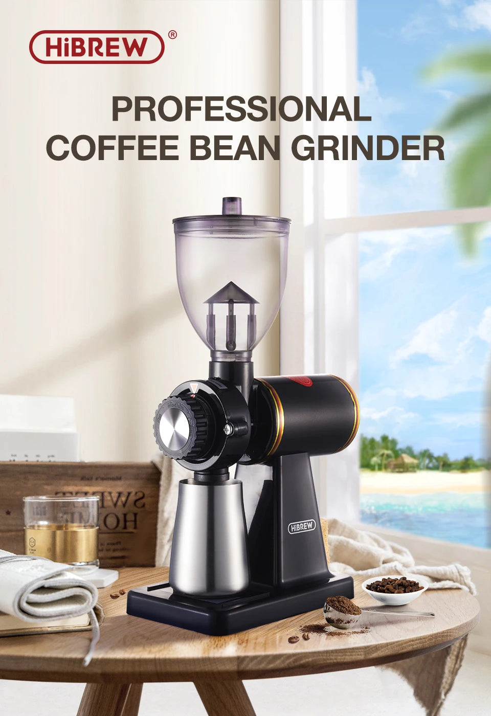 HiBREW 8 Settings Electric Coffee Bean Grinder for Espresso or American Drip coffee Durable Flat Burr  Die-casting Housing G1