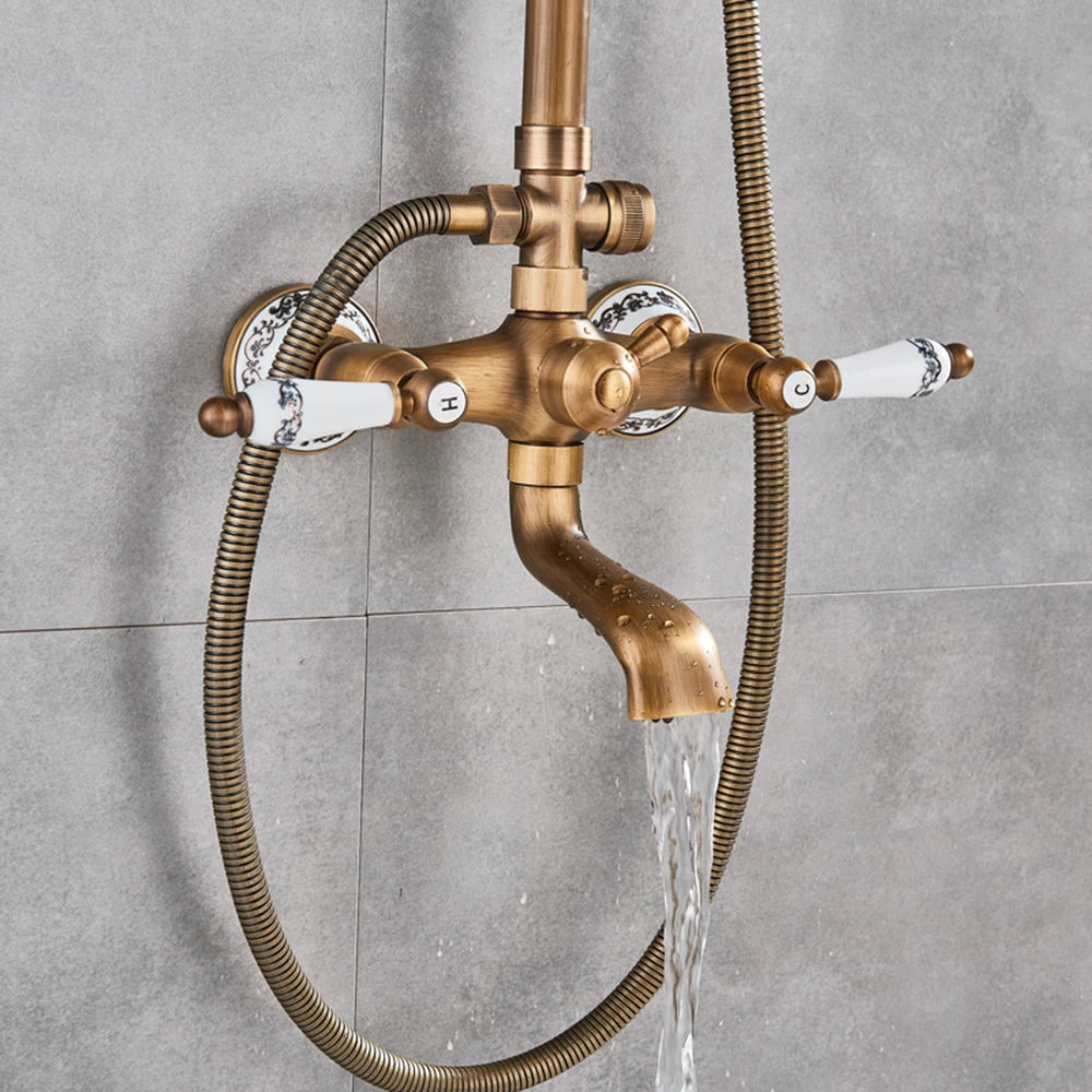 POIQIHY Antique Shower Set Wall Bathroom Bath Shower Faucet Rainfall Brass Swivel Spout Mixer Tap Sliding Bar Shower System
