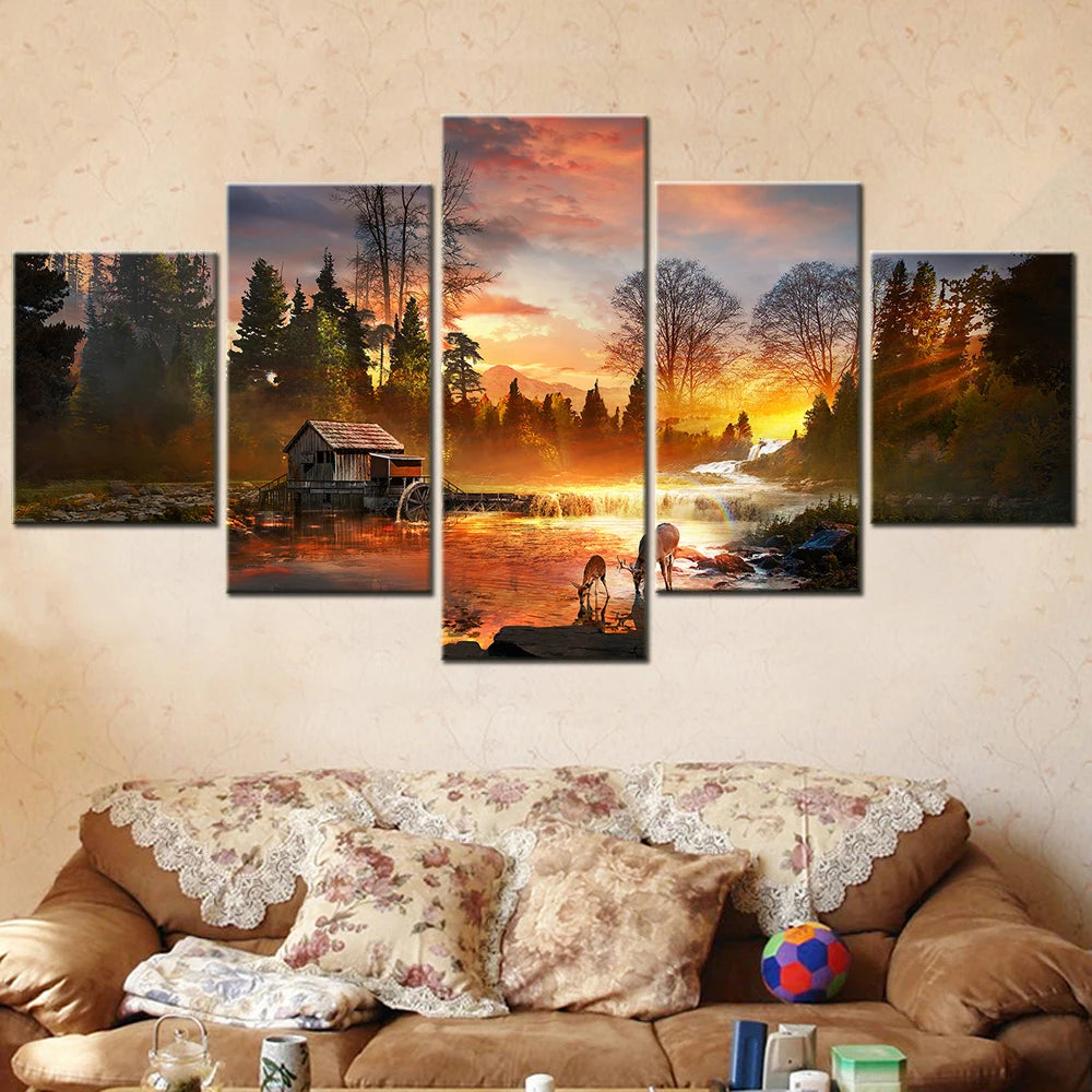 Nature River Deer Sunset Scenery Wall Art Canvas Set Modular Landscape Painting Canvas Picture for Living Room Decor Wall Postes