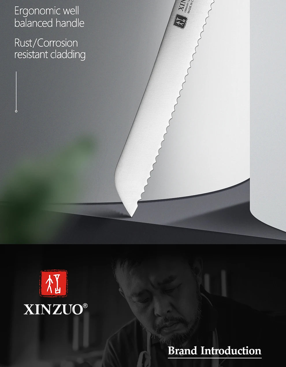 XINZUO German 1.4116 Stainless Steel  9'' Bread Knife 58HRC Serrated Design Cutter Tool For Cutting Bread Cheese Cake Gift Box