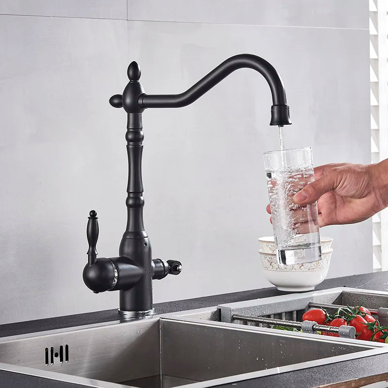 Matte Black  Kitchen Sink Faucet Pure Water Filter Drink Mixer Tap Dual Handles Two Spout Bathroom Kitchen Tap Hot Cold Crane