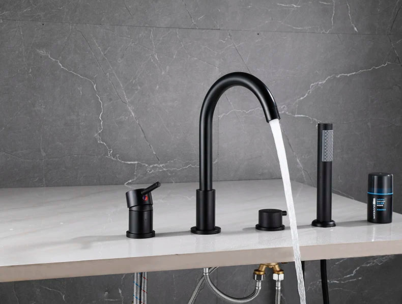 4-Piece Bathroom Faucet Set – Deck-Mounted Includes basin and bathtub mixer taps with handheld shower. Hot and cold water mixer for versatile bathroom use.