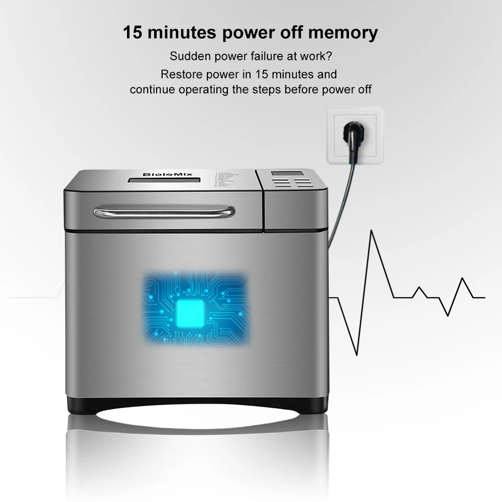 Biolomix 1KG 19-in-1 Stainless Steel Automatic Bread Maker 650W Programmable with Fruit Nut Dispenser Kitchen Appliance