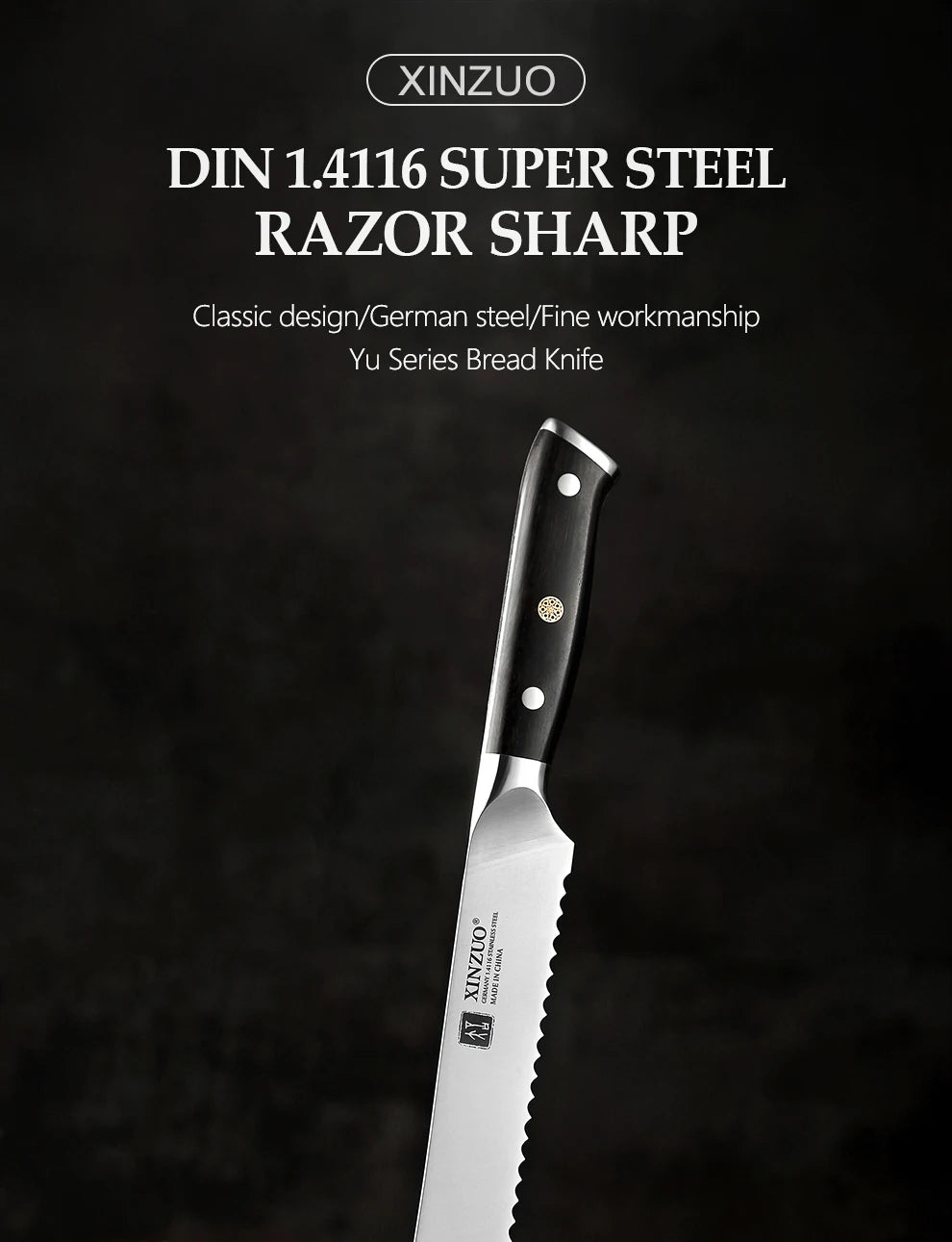 XINZUO German 1.4116 Stainless Steel  9'' Bread Knife 58HRC Serrated Design Cutter Tool For Cutting Bread Cheese Cake Gift Box
