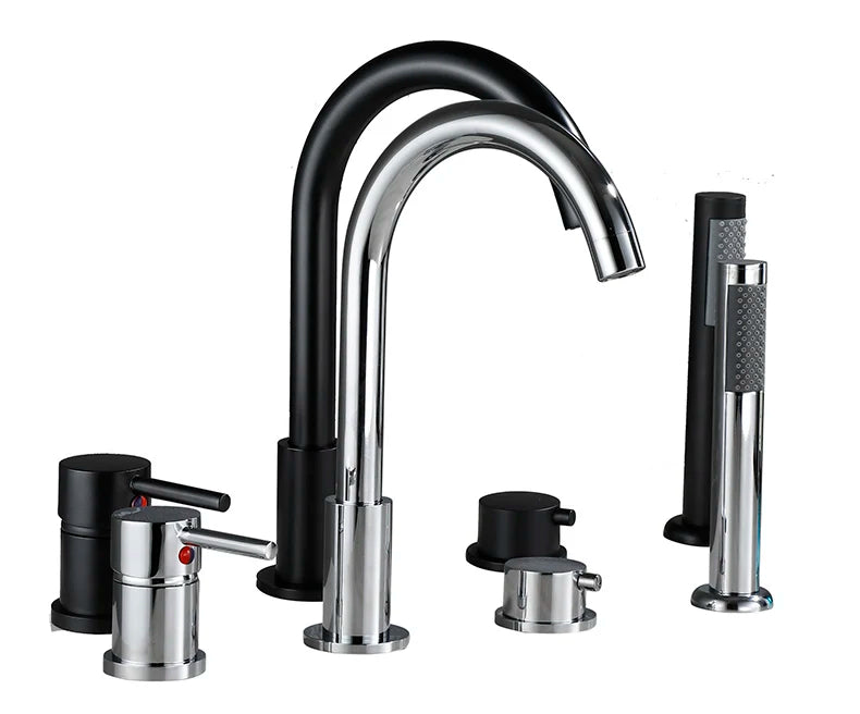 4-Piece Bathroom Faucet Set – Deck-Mounted Includes basin and bathtub mixer taps with handheld shower. Hot and cold water mixer for versatile bathroom use.