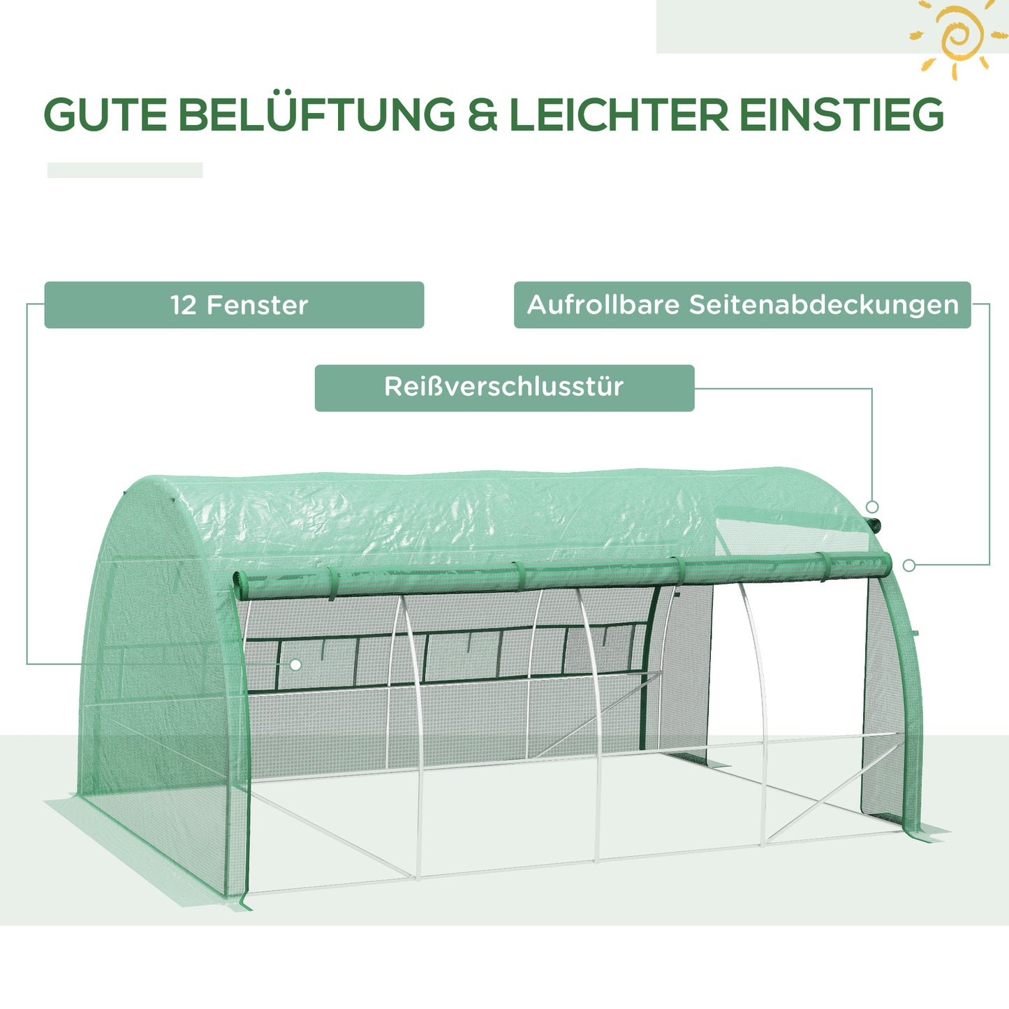 Outsunny Foils greenhouse Polytunnel 3.97x3x2 m Covers Rollable Green
