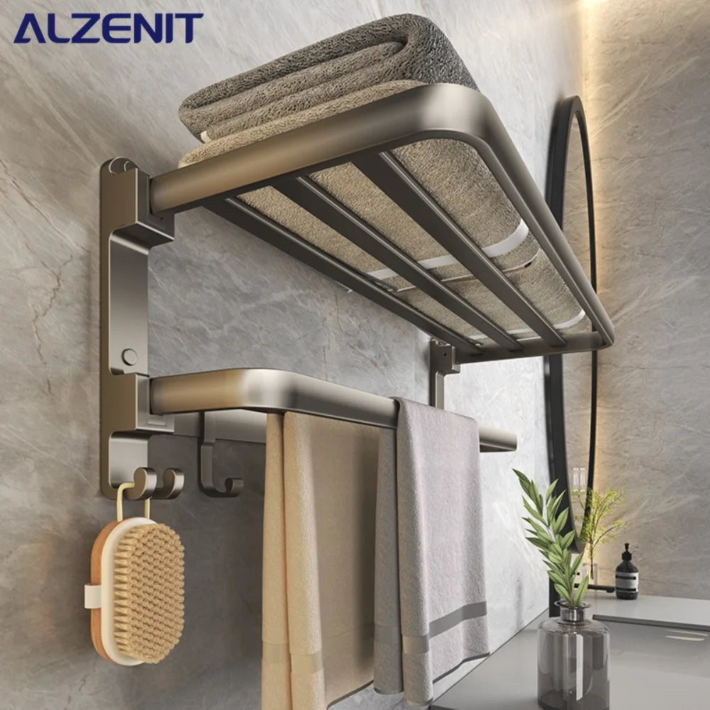 Gun Gray Triple Tier Folding Space Aluminum Towel Rack Wall mounted Hardware Pendant Set Bath Towel Holder Bathroom Accessories