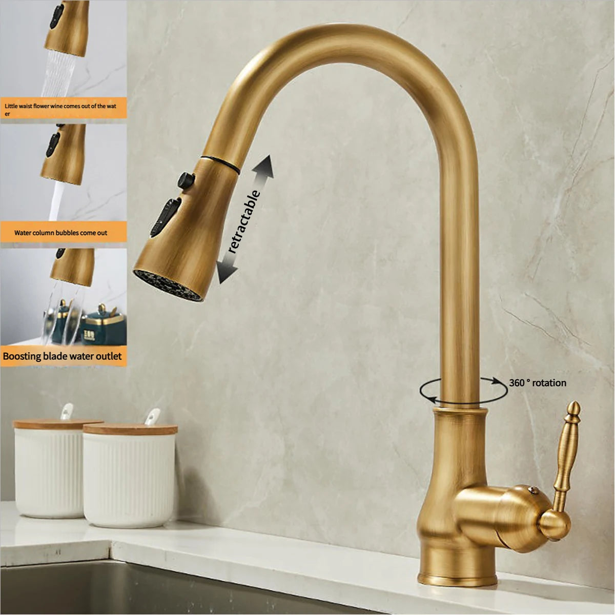Gold Brass Pull-out Rotating Kitchen Faucet with 360° Swivel - Classic Sink Faucet for Modern Kitchen, Durable Water Faucet