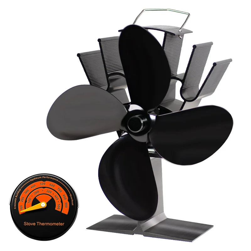 4 Blade Heat Powered Stove Fan Black Fireplace komine Log Wood Burner Eco Friendly Quiet Fan Home Efficient Heat Distribution