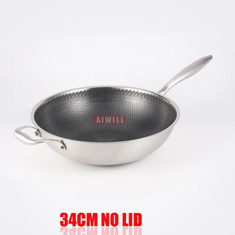 AIWILL 32cm/34cm Nonstick Wok 304 Full Stainless Steel Wok No Fume Coating-Free Gift Cookware