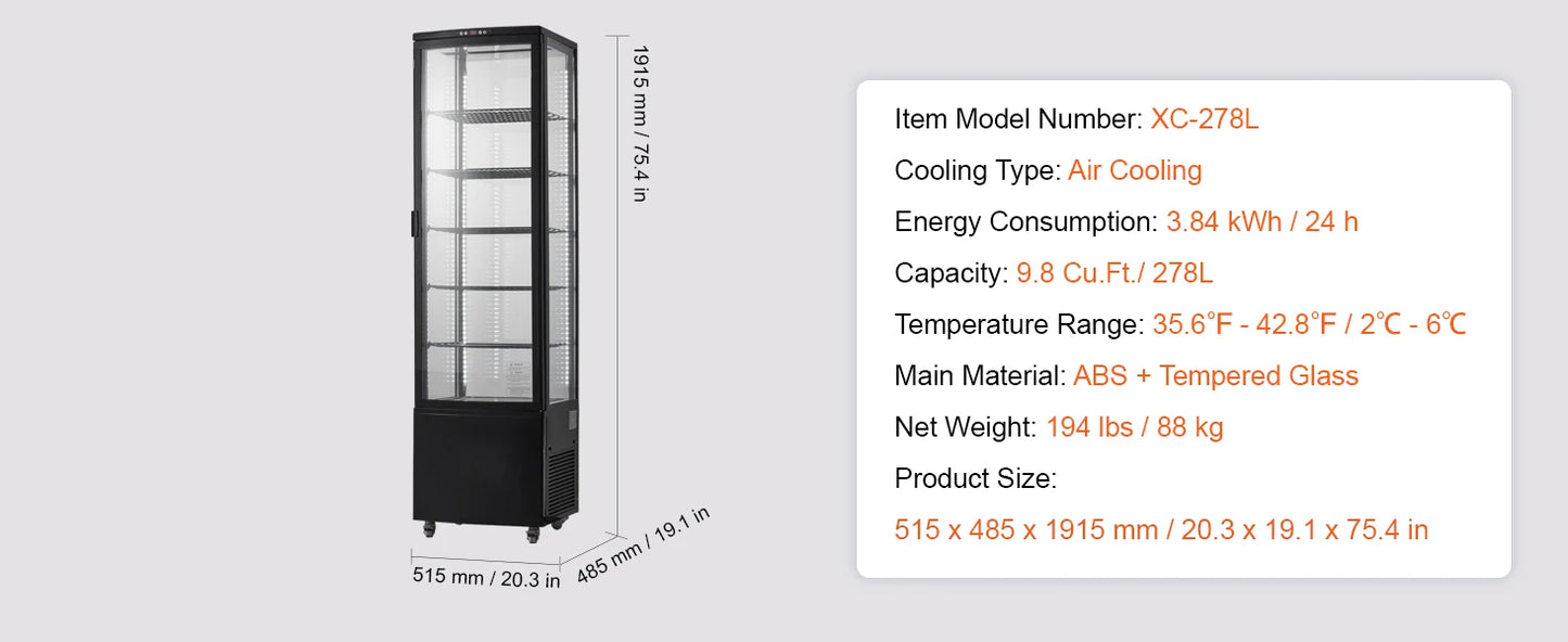 SucceBuy 3.5/4.2/5/9.8 cft Refrigerated Display Case Large Commercial Pastry Display Refrigerator with LED Lighting for Bakery
