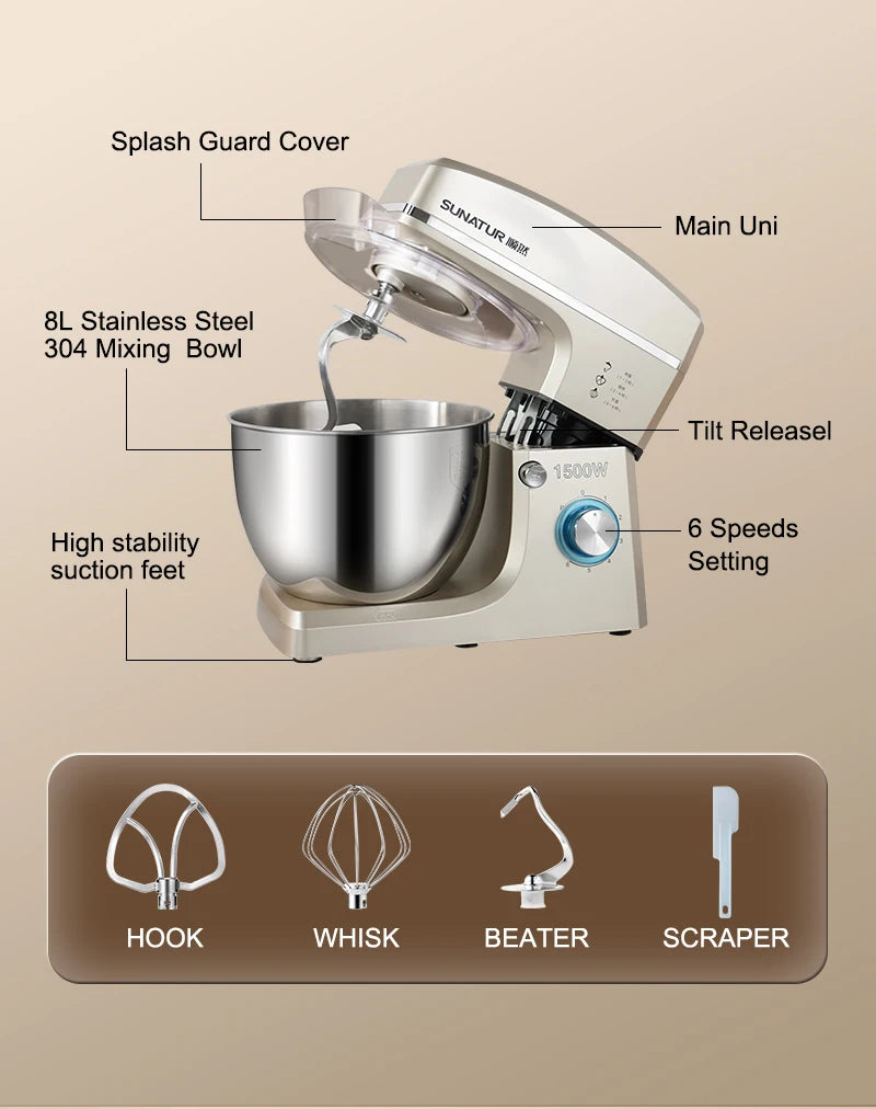 SUNATUR Electric Kitchen Blender Machine: Stand Mixer with Planetary Beater Automatic Mix Support for Dough Efficient Processor