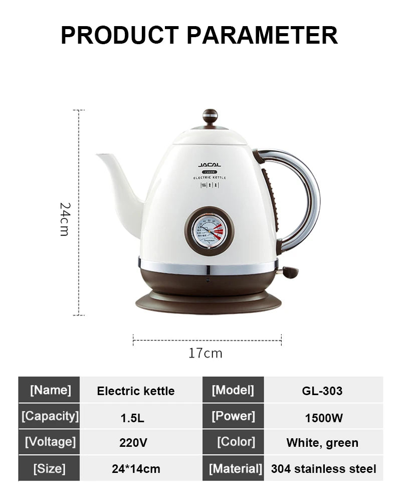 1.5L Electric Kettle 1500W Quick Heating Boiling Coffee Teapot Household Thermo Pot 304 Stainless Steel Linner with Thermometer