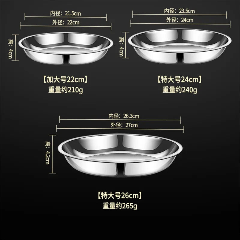 Thick Round 316 Stainless Steel Dinner Plate Food Grade Trays Salad Fruit Meal Pan Kitchen Steak Seafood Flat Cooking Bowls