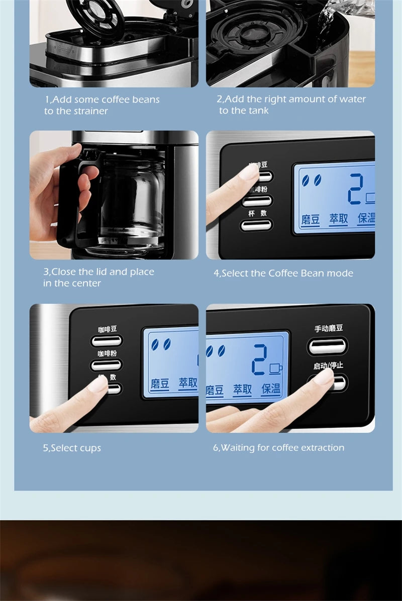 Fully automatic American coffee machine，Coffee beans or powder can be used，Electric grinding drip coffee machine 2-in-1