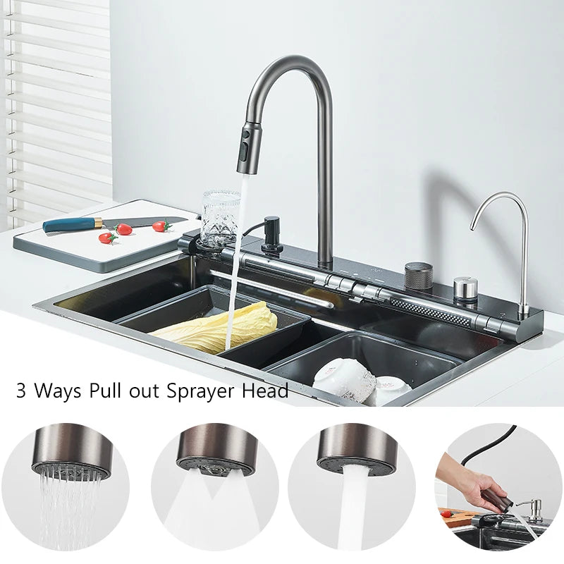 304Stainless Steel Large Single Bowl Waterfall Kitchen Sink with Integrated Digital Display Faucet Soap Dispenser and Cup Washer