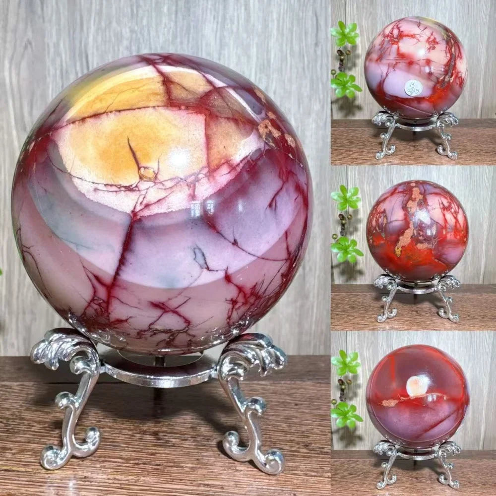 Natural Mookaite Geode Crystal Sphere – Unique Décor Raw cracked stone design with stand. Perfect for home décor, Reiki energy, and meaningful gift ideas.