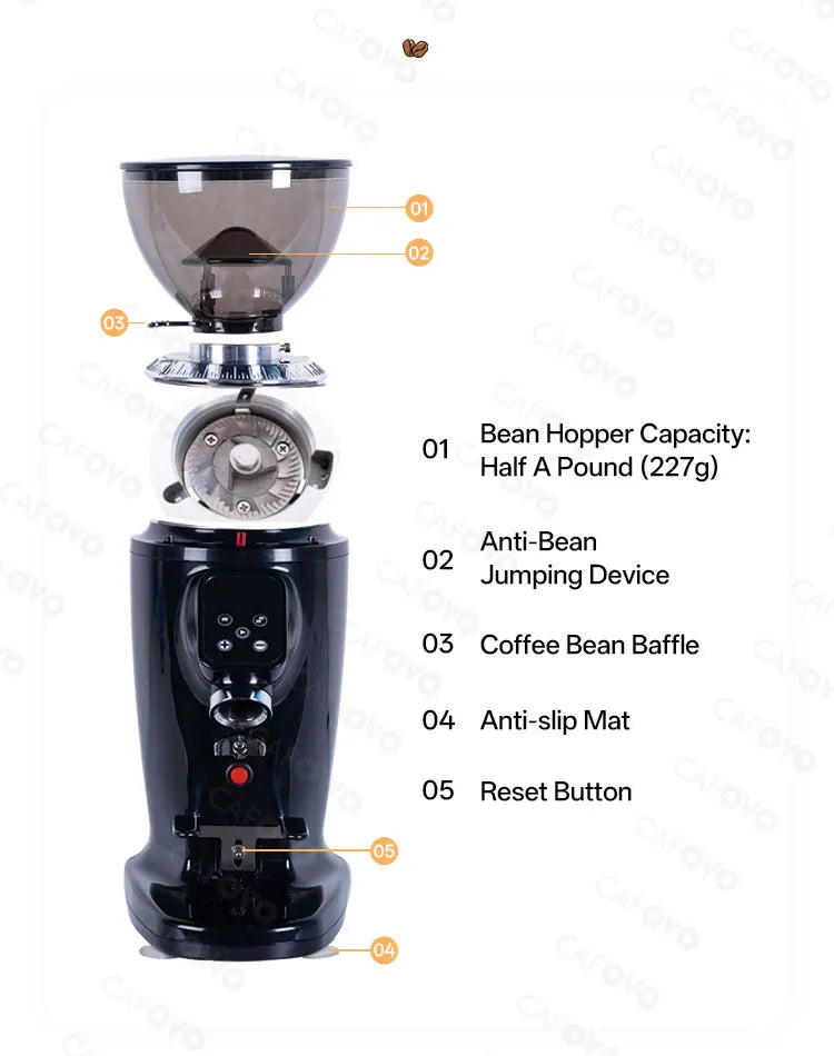 CAFOVO G264F 64mm Flat Burr Coffee Grinder with Digital Timer for Espresso Static-Free Single-dose Grinder Coffee Mill