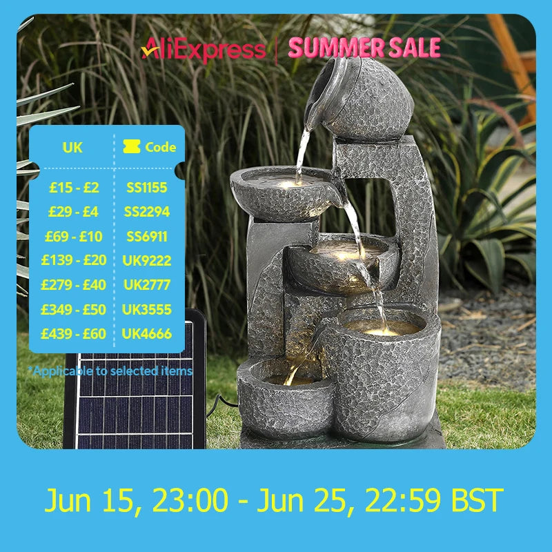 Cascade Solar-powered Water Fountain for Outdoors Gardens, Patios and Balconies
