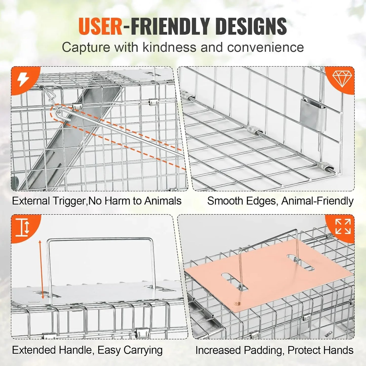 Live Animal Cage Trap,24" x 8" x 8" Humane Cat Trap Galvanized Iron,Folding Animal Trap with Handle for Small Rabbits Groundhogs