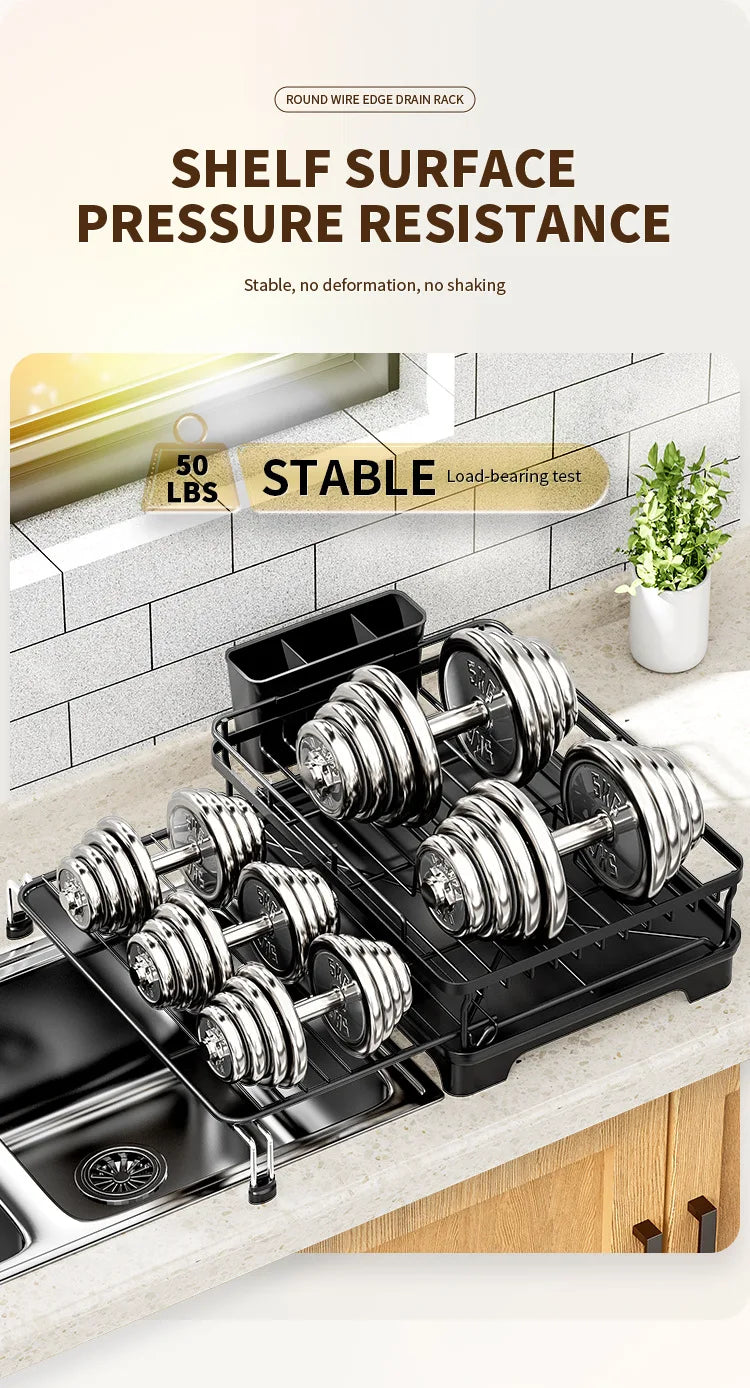 Dish Drying Rack - Extendable Dish Rack, Large Sink Drying Dish Drainer for Kitchen Counter, Stainless Steel Dish Strainer