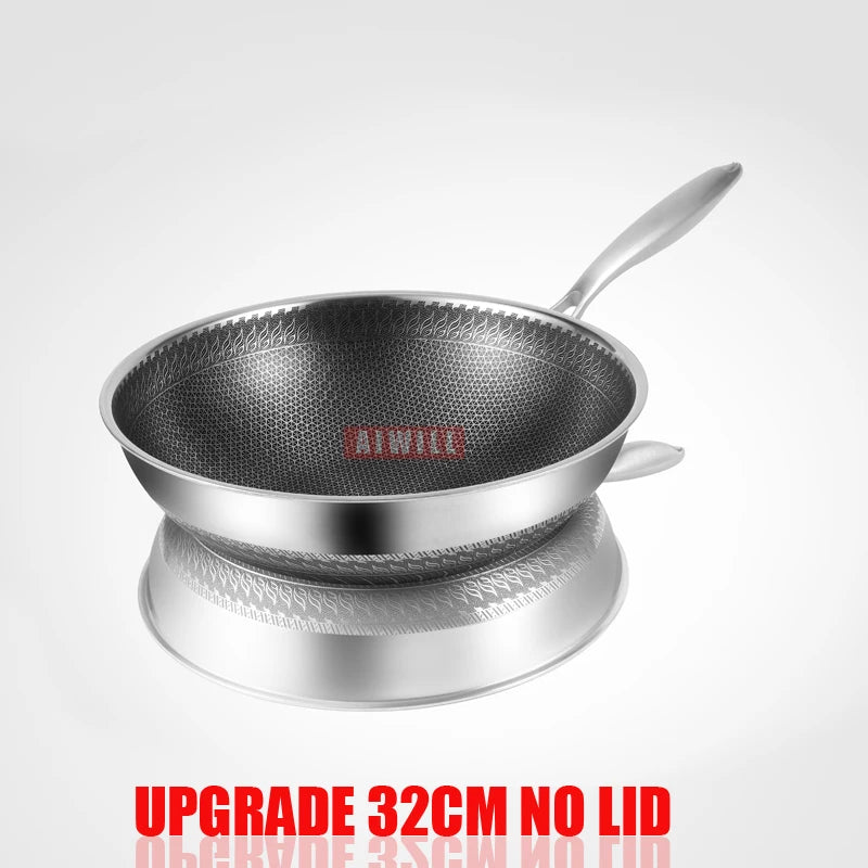 AIWILL 32cm/34cm Nonstick Wok 304 Full Stainless Steel Wok No Fume Coating-Free Gift Cookware