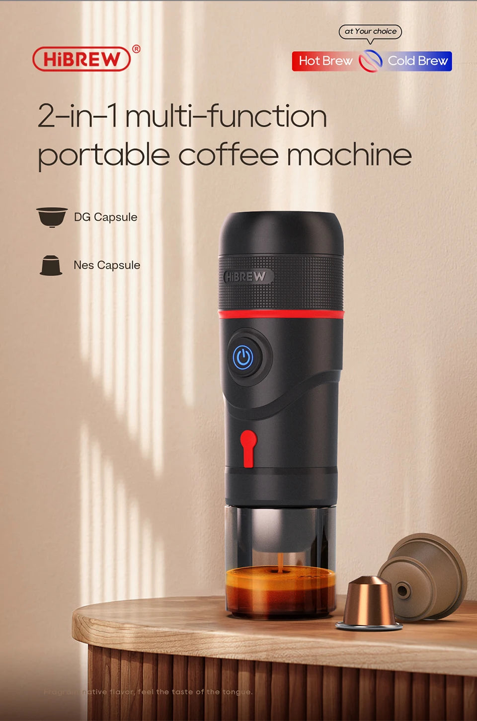 HiBREW Portable Coffee Machine for Car & Home Expresso Coffee Maker Nexpresso Dolce Pod Capsule Coffee Powder H4 Basic Version