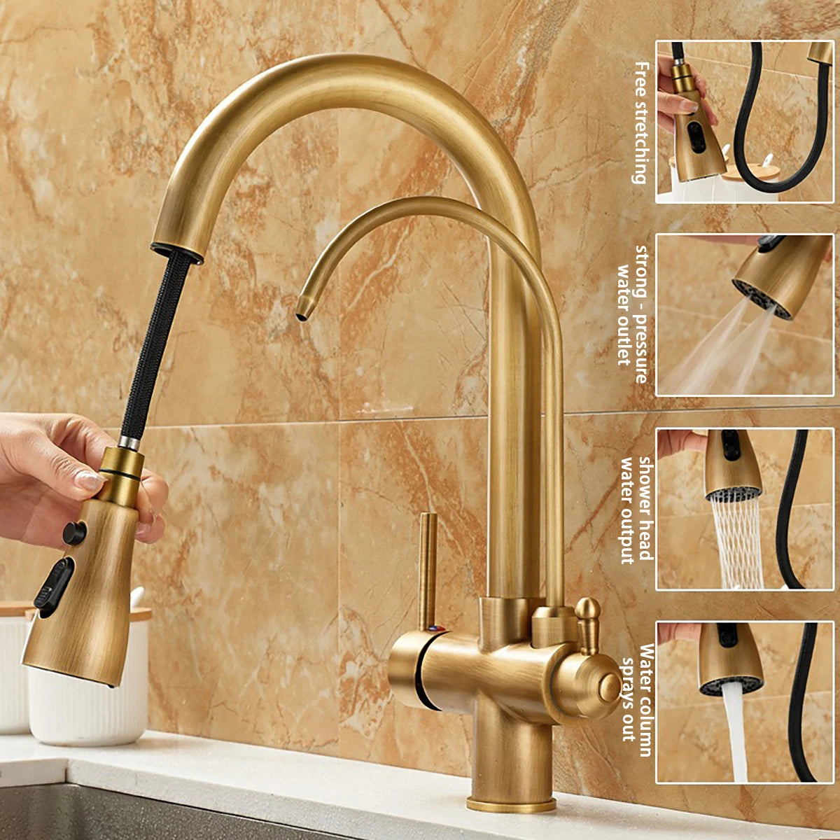 Gold Brass Pull-out Rotating Kitchen Faucet with 360° Swivel - Classic Sink Faucet for Modern Kitchen, Durable Water Faucet