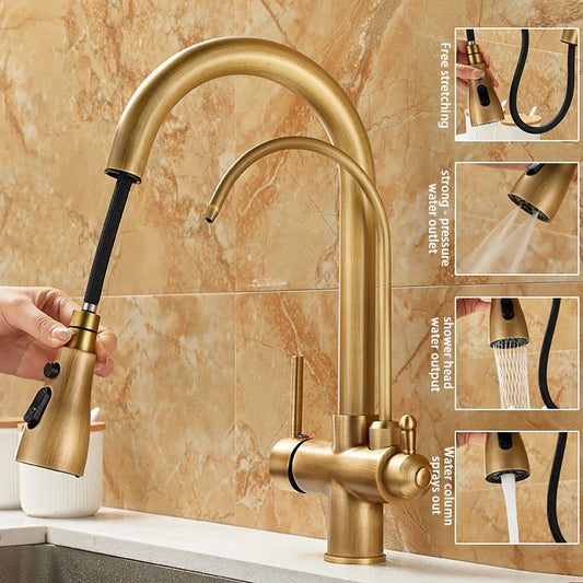 Gold Brass Pull-out Rotating Kitchen Faucet with 360° Swivel - Classic Sink Faucet for Modern Kitchen, Durable Water Faucet
