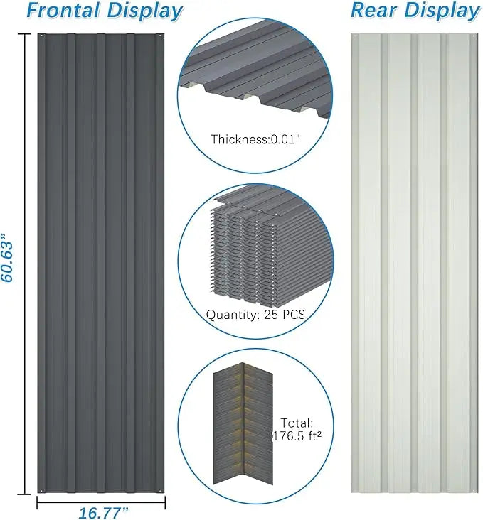 Galvanized Steel Roof Panels, L60.63"×W16.77" Heavy Duty Roofing Panel, Roof Protector for Garages, Sheds, (25PCS, 176.5 ft²)