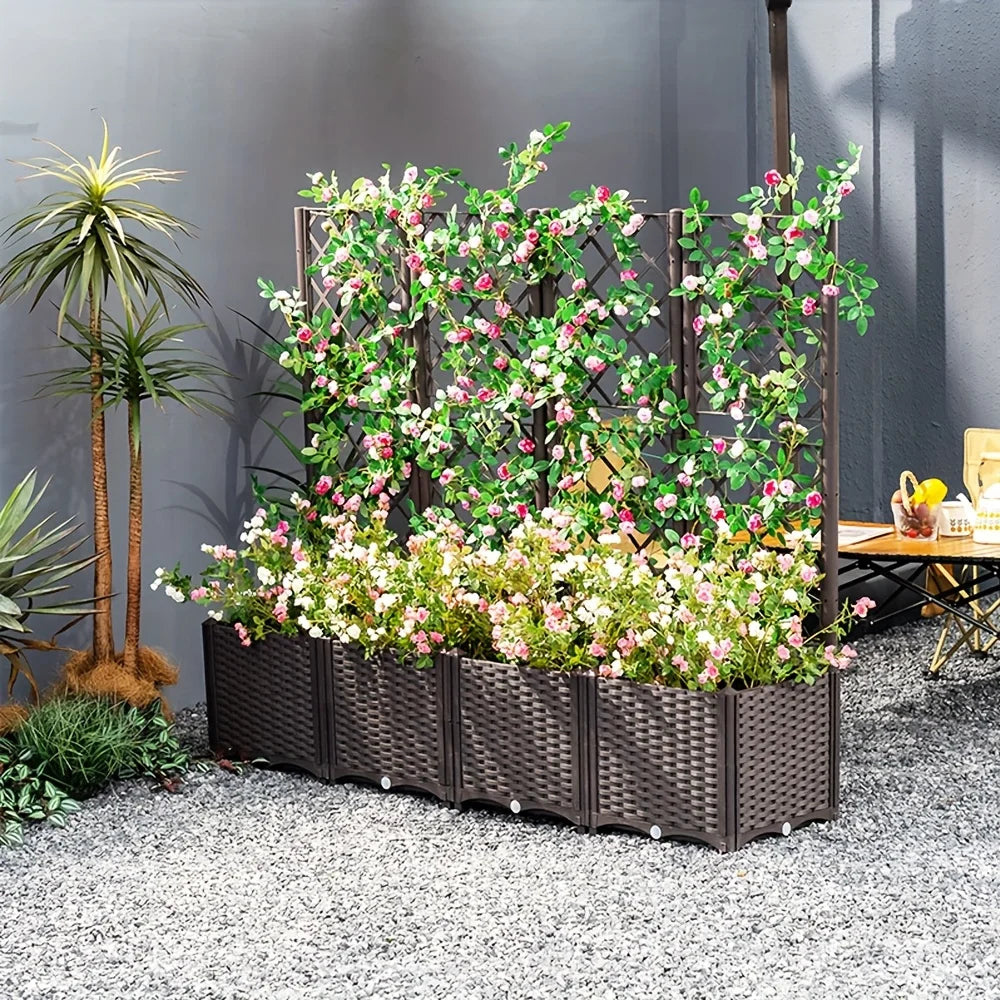 Vine woven brown checkered garden bed - movable large flower box - with supporting climbing plant poles - planting vegetables