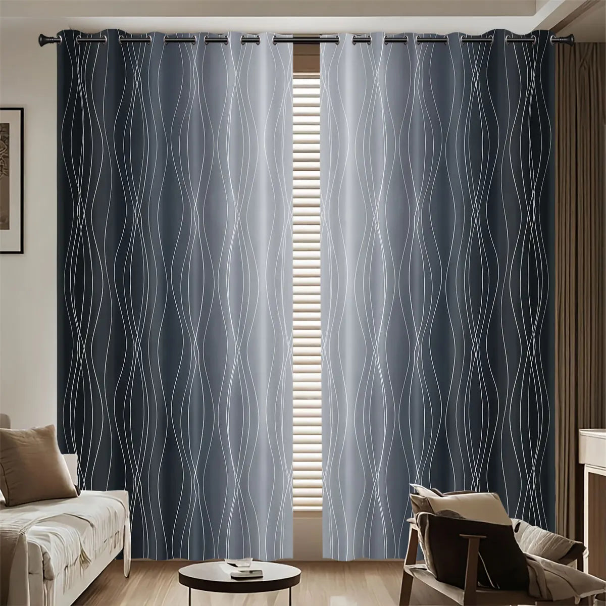 2pcs Minimalist Style Curved Lines Art Print Perforated Blackout Curtains Multi Size Living Room Bedroom Insulation Decoration