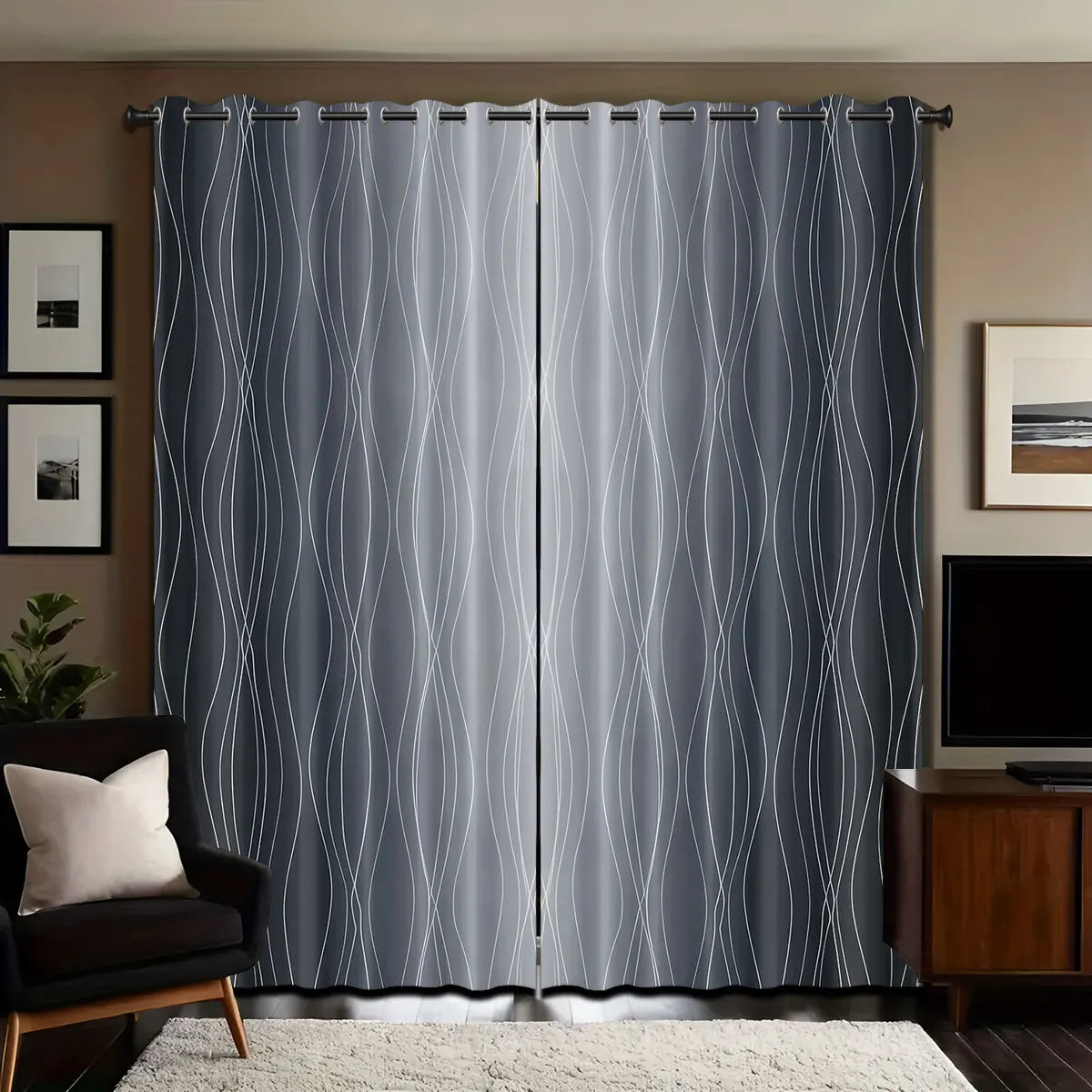 2pcs Minimalist Style Curved Lines Art Print Perforated Blackout Curtains Multi Size Living Room Bedroom Insulation Decoration