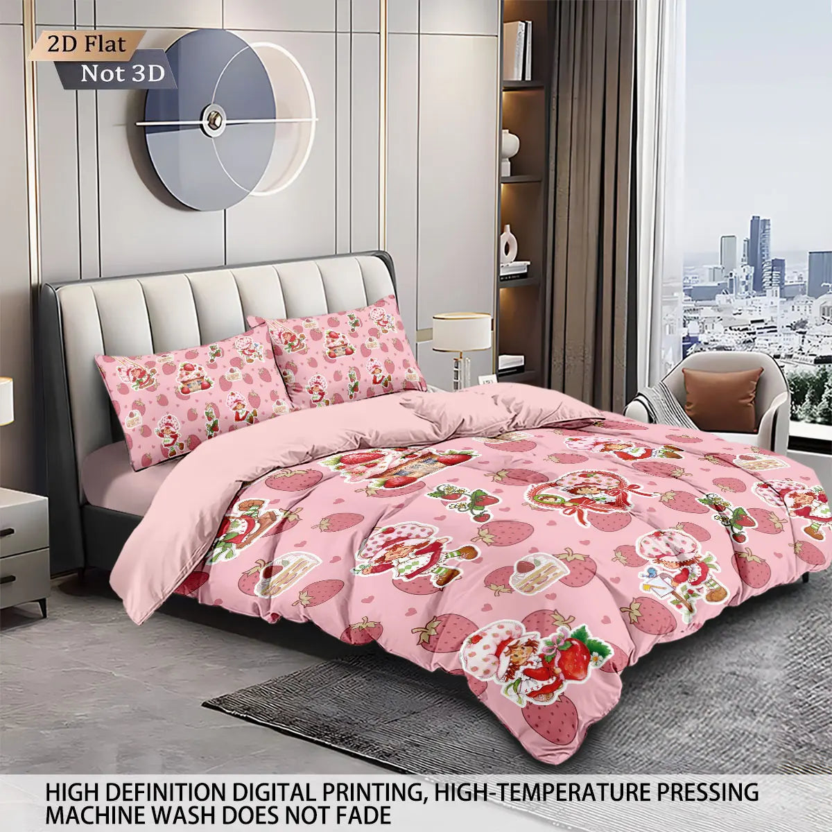3pcs Pink Strawberry Girl Printed Down Duvet Cover Set, Multi Size Bedroom Bedding Decoration, Machine Washable