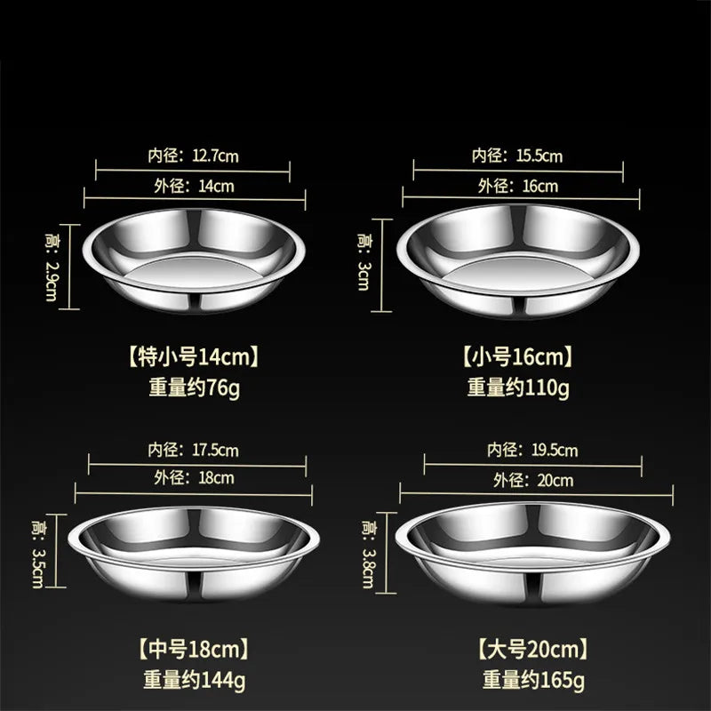 Thick Round 316 Stainless Steel Dinner Plate Food Grade Trays Salad Fruit Meal Pan Kitchen Steak Seafood Flat Cooking Bowls