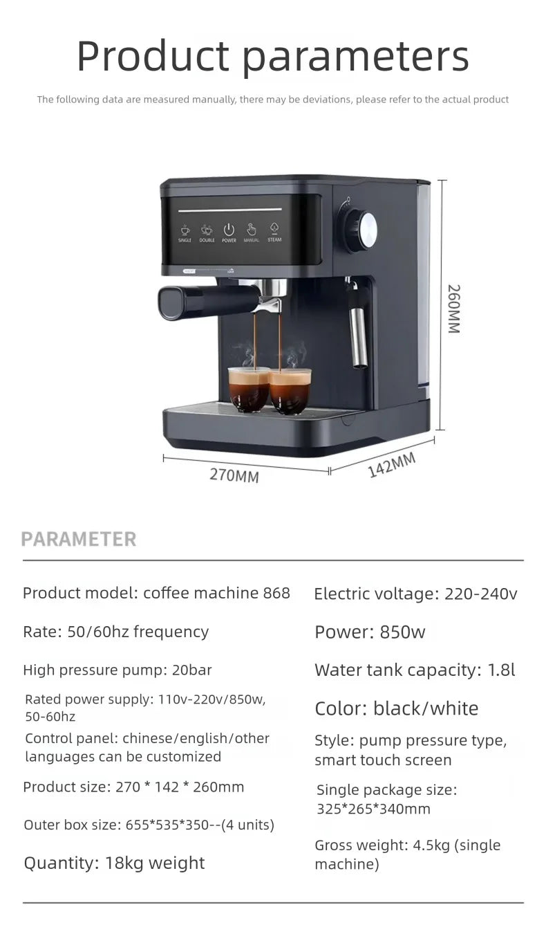 Semi-automatic Italian Espresso Coffee Machine Home Office Coffee Maker Milk Foam Frothing Coffee Machine