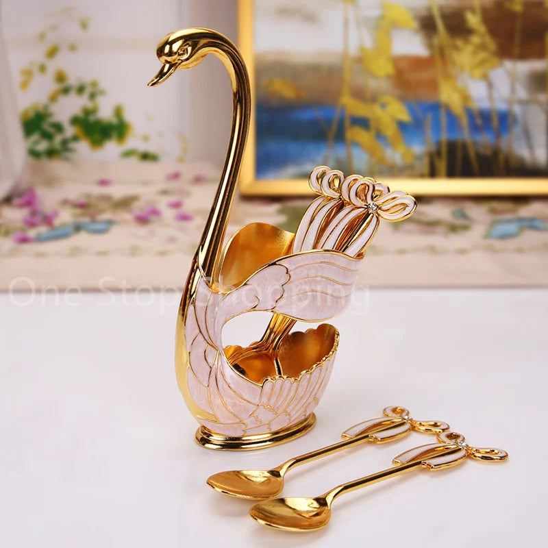 Creative Dinnerware Set Swan Base Holder Decorative Stainless Steel with 6 Spoons for Coffee Fruit Dessert Stirring Mixing