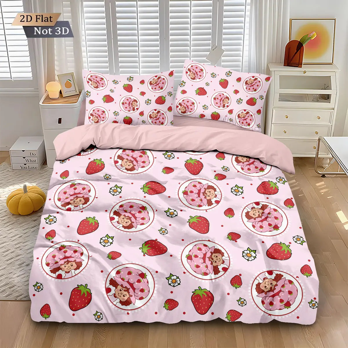 3pcs Pink Strawberry Girl Printed Down Duvet Cover Set, Multi Size Bedroom Bedding Decoration, Machine Washable