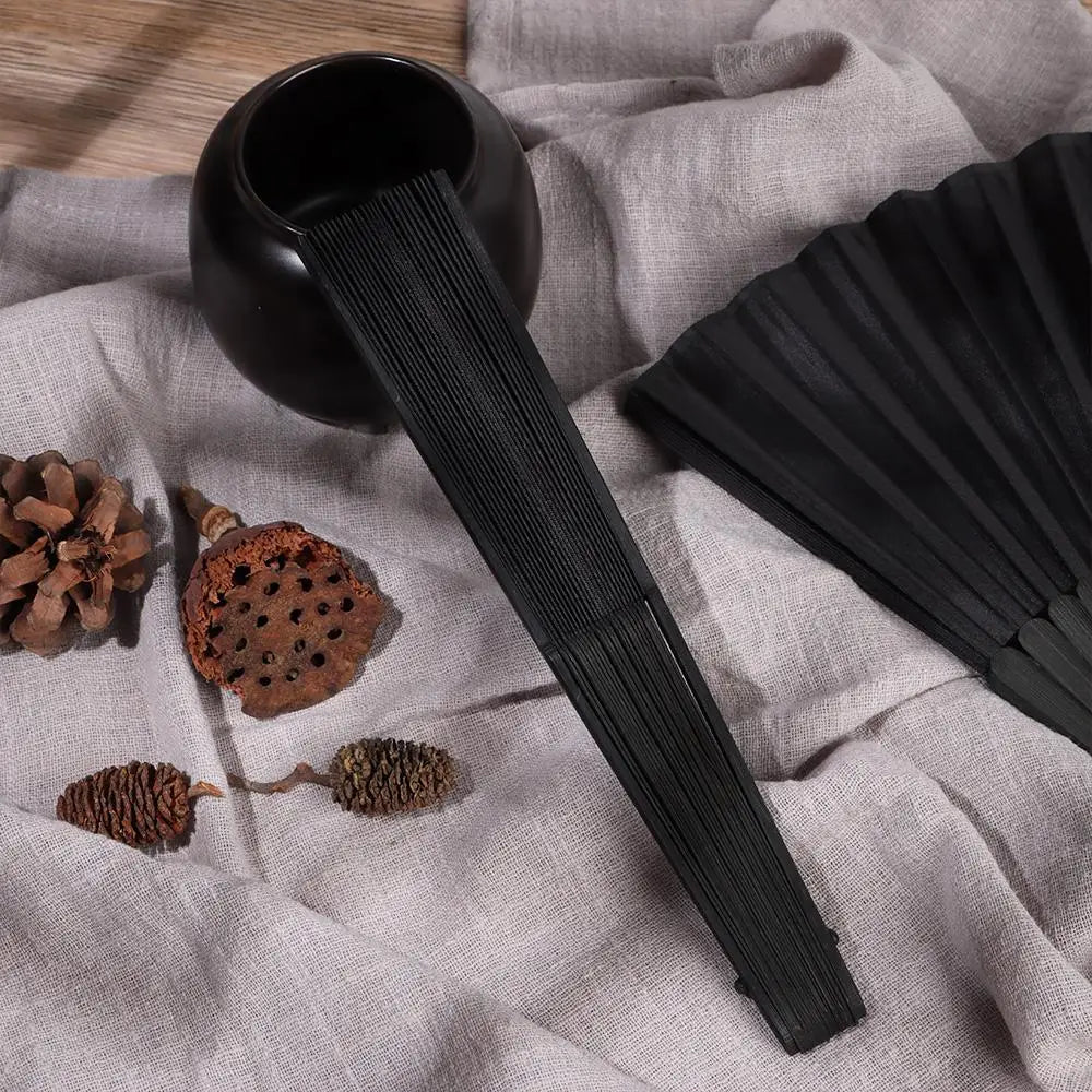 8.27"(21cm) Black Silk Folding Fan Chinese Style Hand Held Bamboo Fans Ribs Home Party Decoration Dance Props Desktop Ornament